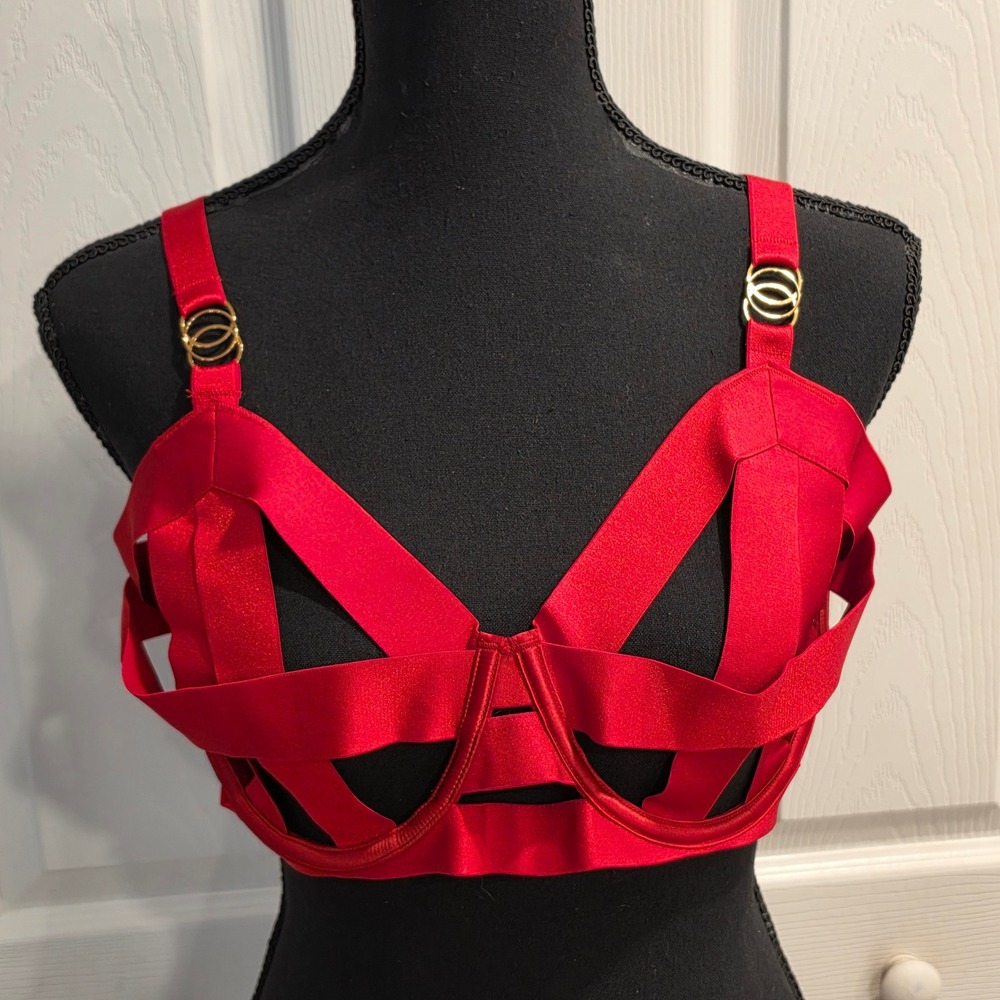 Victorias Secret Bra Women 38D Red Balconette Cage Strappy Unlined Sexy Lingerie